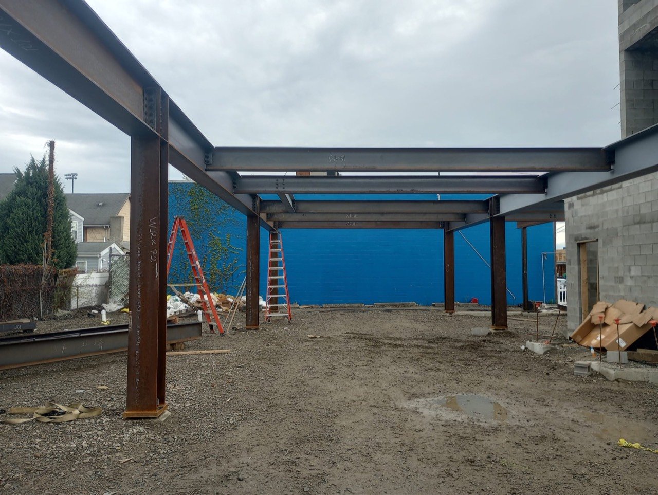 Structural steel frame on a construction site